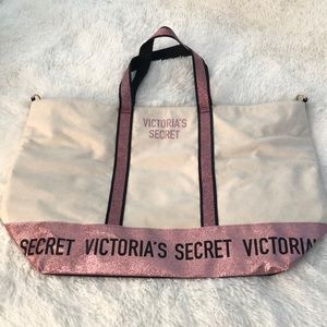 Victoria’s Secret Large Pink Glitter Canvas Tote Bag 💕🖤🩷 NWOT